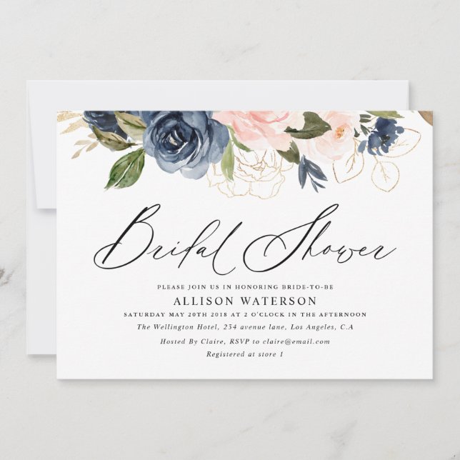Elegant script blush & navy bridal shower  invitation (Front)