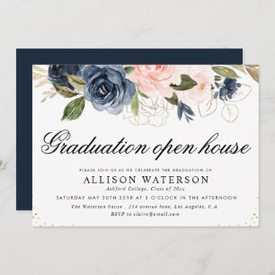 Elegant script blush & navy graduation open house invitation