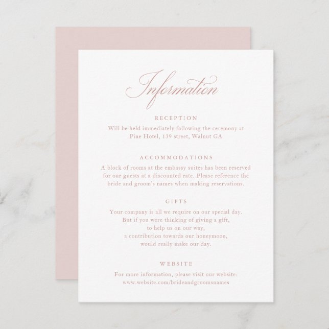 Elegant Script Blush Pink Wedding Info Card (Front/Back)