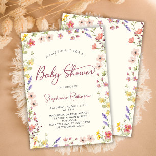 Elegant Script Boho Wildflower Girl Baby Shower Invitation