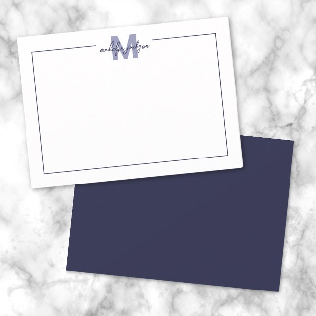 Elegant Script Border Navy Blue Monogram Card (Minimalist Navy Blue Border Monogram Note Card)