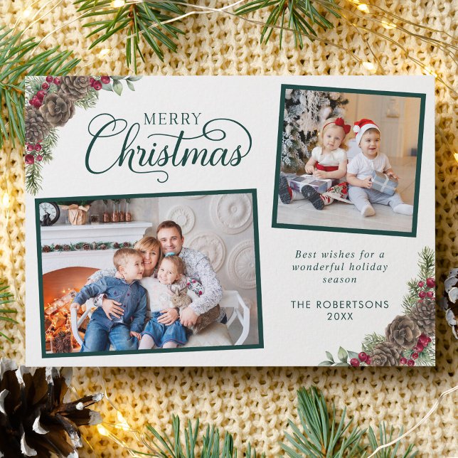 Elegant Script Botanical 2 Photo Christmas Green Holiday Card (Creator Uploaded)