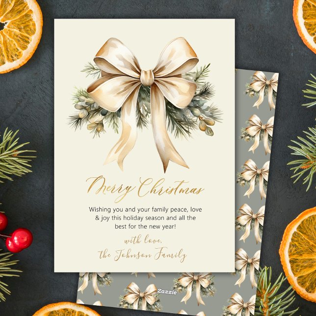 Elegant Script Botanical Beige Gold Bow Christmas Holiday Card (Creator Uploaded)