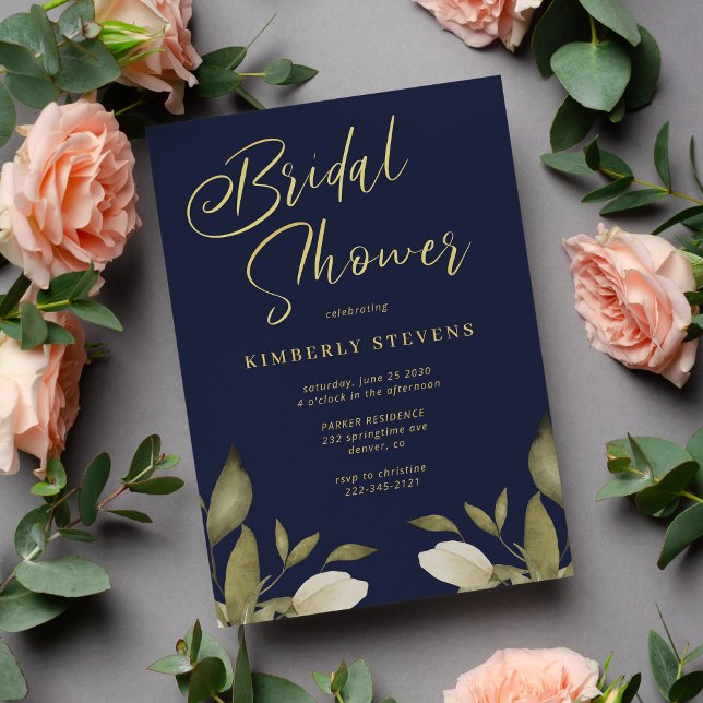 Elegant script botanical gold navy bridal shower invitation (Creator Uploaded)