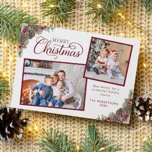 Elegant Script Botanical Merry Christmas 2 Photo  Holiday Card