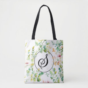 Elegant script botanical watercolor wildflowers tote bag