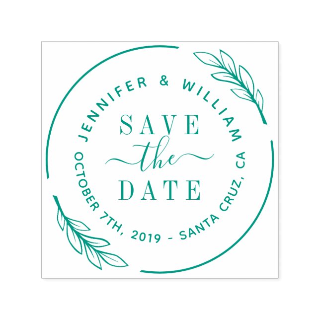 Elegant Script & Botanical Wreath Save The Date Self-inking Stamp (Design)