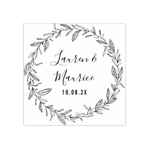elegant script botanical wreath wedding rubber stamp