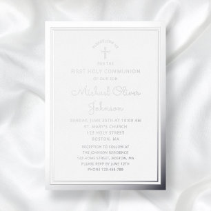 Elegant Script Boy First Communion Silver