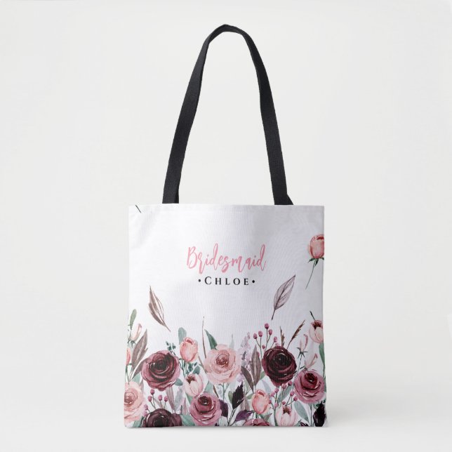 Elegant Script Bridesmaid Tote | Burgundy Floral (Front)