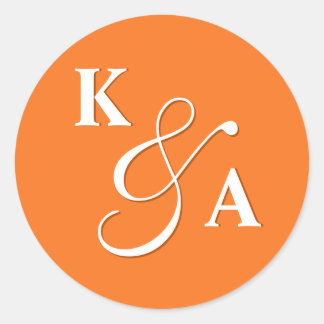 Elegant Script Bright Orange Wedding Monogram Classic Round Sticker