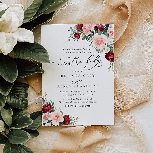 Elegant Script Burgundy Blush Floral Neustra Boda Invitation (Creator Uploaded)