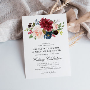 Elegant script Burgundy blush navy blue wedding Invitation
