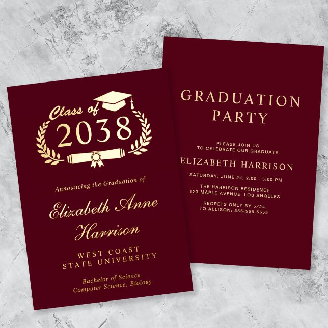 Elegant Script Burgundy College Graduation Party (An elegant foil graduation party invitation to celebrate the graduate's achievements)
