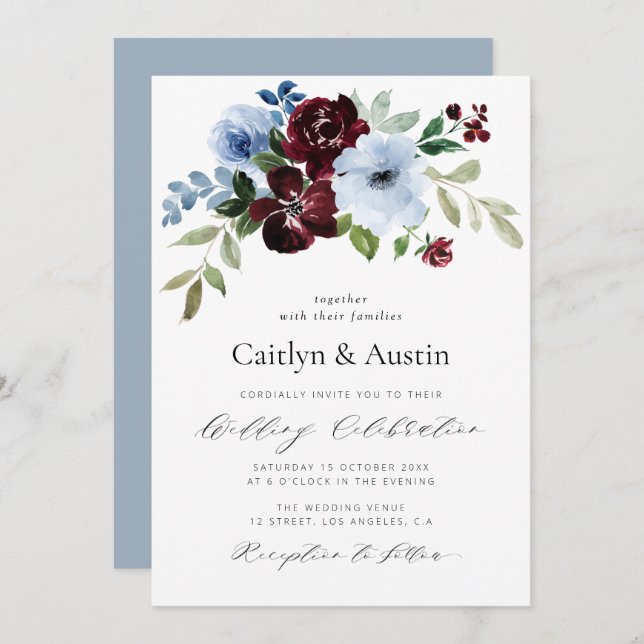 elegant script burgundy dusty blue floral wedding invitation (Front/Back)
