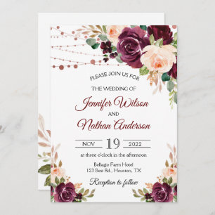 Elegant Script Burgundy Floral Wedding Invitation