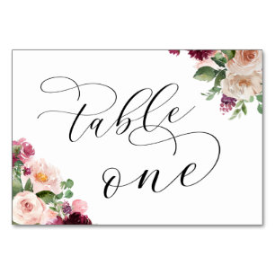 Elegant Script Burgundy Floral Wedding Reception 1 Table Number