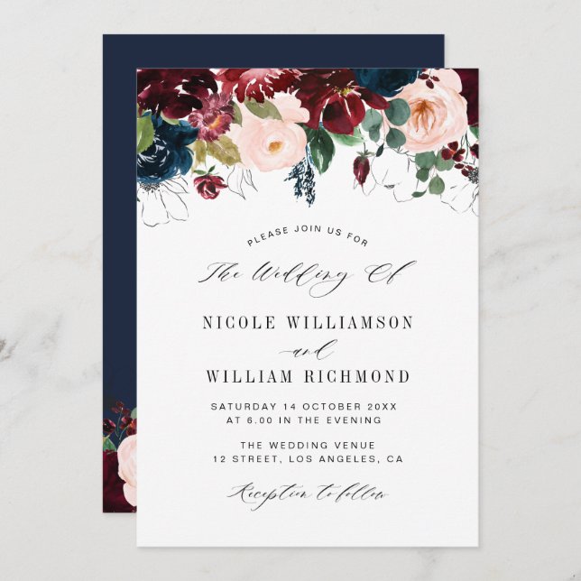 Elegant script burgundy & Navy blue floral wedding Invitation (Front/Back)