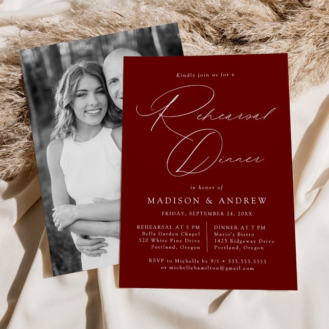 Elegant Script Burgundy Photo Rehearsal Dinner Invitation (Creator Uploaded)