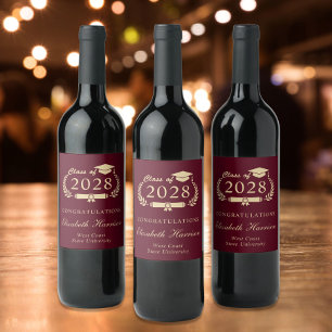 Elegant Script Burgundy Red Gold Graduation Wine Label