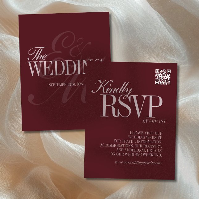 Elegant Script Burgundy Red QR Code Formal Wedding RSVP Card (Announce your upcoming wedding to guests with this Elegant Script Burgundy Red Formal Wedding RSVP!)