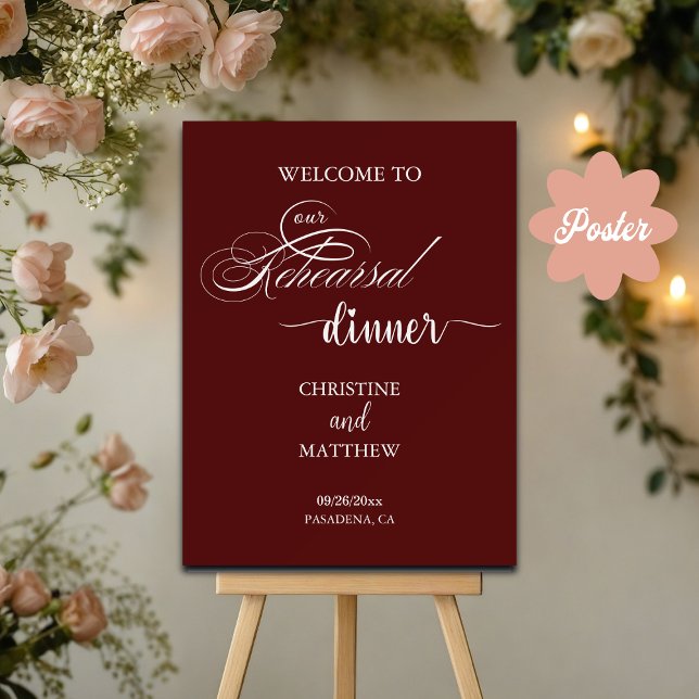 Elegant Script Burgundy Rehearsal Dinner Welcome Poster (Creator Uploaded)
