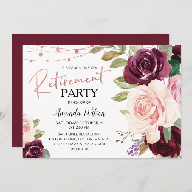 Elegant Script Burgundy Retirement Party Invitatio Invitation (Front/Back)