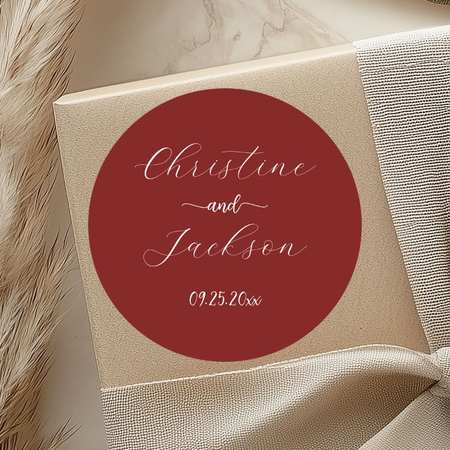 Elegant Script Burgundy Wedding Classic Round Sticker (Creator Uploaded)