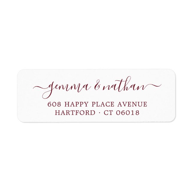 Elegant Script Burgundy Wedding Return Address Label (Front)