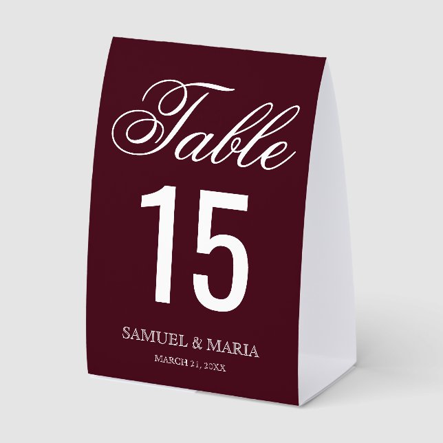 Elegant Script Burgundy Wedding Table Number (Front)