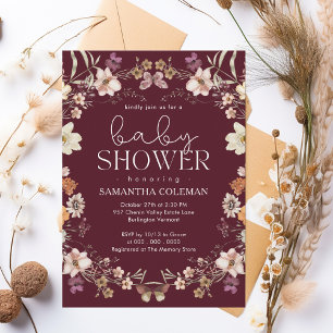Elegant Script Burgundy Wildflower Baby Shower Invitation