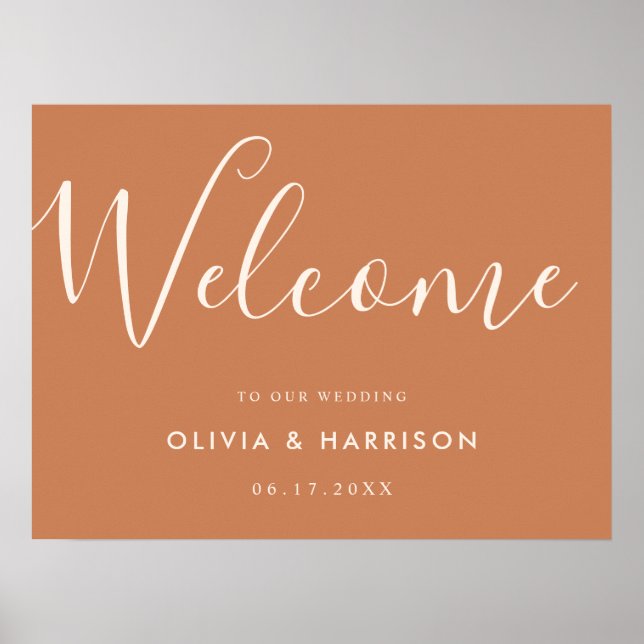 Elegant Script Burnt Orange Wedding Welcome Sign (Front)