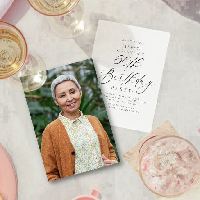Elegant Script Calligraphy 60th Birthday Photo  Invitation (Creator Uploaded)