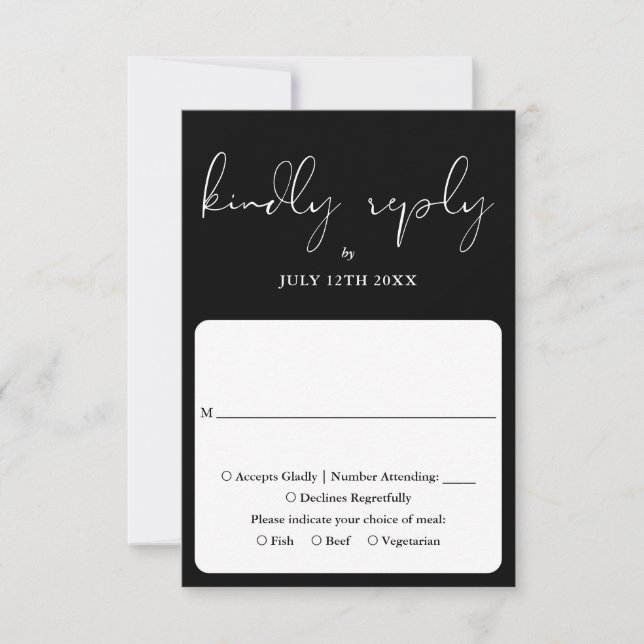 Elegant Script Calligraphy Black And White Wedding RSVP Card (Front)