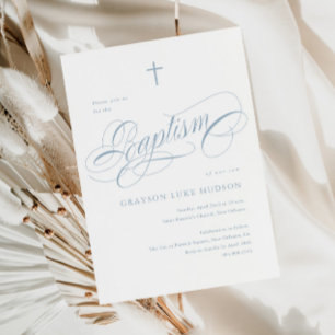 Elegant Script Calligraphy Dusty Blue Boys Baptism Invitation