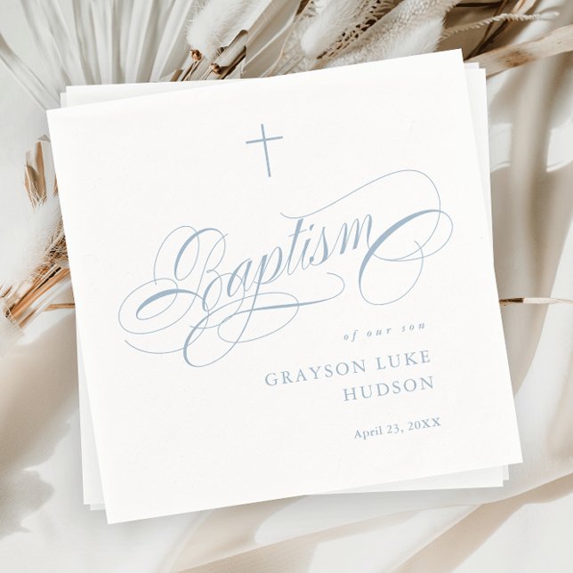 Elegant Script Calligraphy Dusty Blue Boys Baptism Napkin (Elegant calligraphy dusty blue boys baptism napkins.)