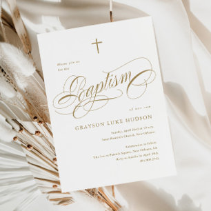 Elegant Script Calligraphy Gold Neutral Baptism Invitation