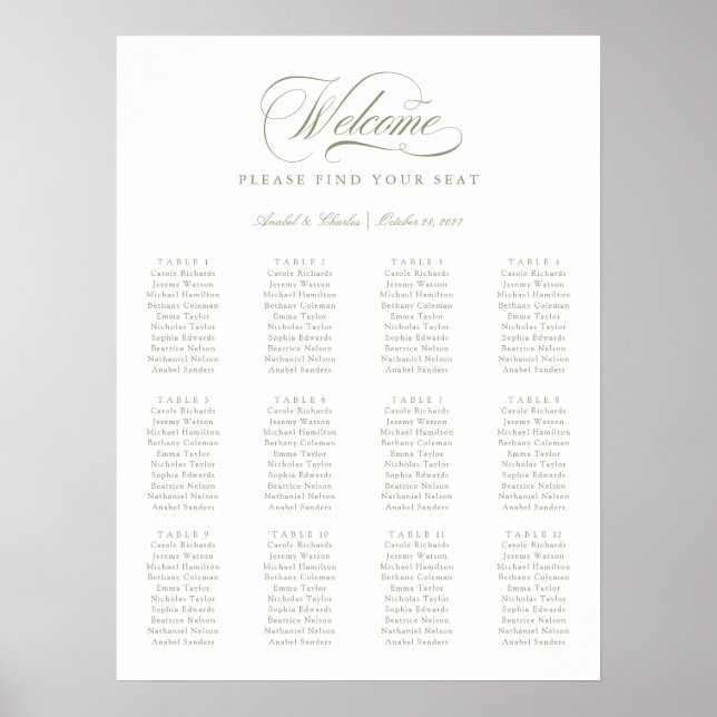 Elegant Script Calligraphy Minimal Seating Chart (Front)