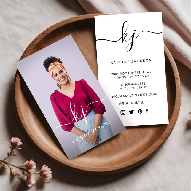 Elegant Script Calligraphy Monogram Logo & Photo Business Card (Elegant Script Calligraphy Monogram Logo & Photo Business Card)