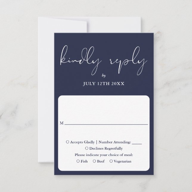 Elegant Script Calligraphy Navy Blue Wedding RSVP Card (Front)