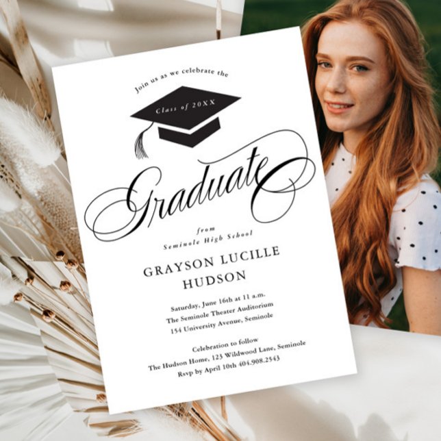 Elegant Script Calligraphy Photo Graduation Invitation (Simple black and white elegant script photo graduation invitation announcement.)