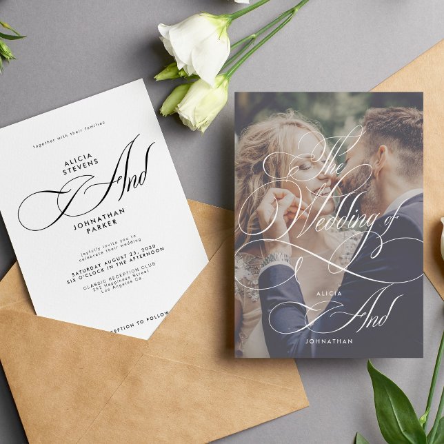 Elegant script calligraphy photo wedding invitation (Creator Uploaded)