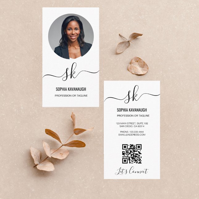 Elegant Script Calligraphy QR Code Monogram Photo  Business Card (Creator Uploaded)