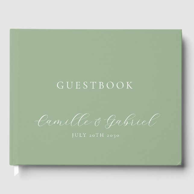 Elegant Script Calligraphy Sage Wedding Guest Book (Front)
