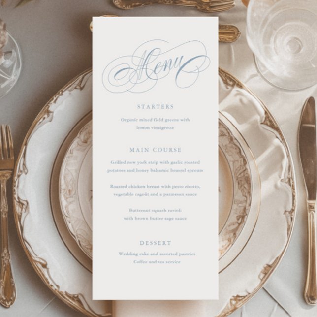 Elegant Script Calligraphy Tall  Menu (Elegant dusty blue script tall dinner menu.)