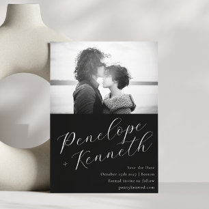 Elegant Script Calligraphy Wedding Photo Black Save The Date