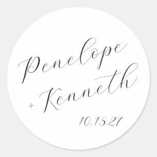 Elegant Script Calligraphy White Wedding Custom  Classic Round Sticker