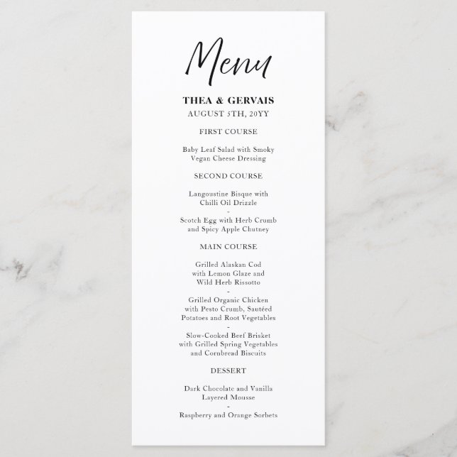 Elegant Script Calligraphy White Wedding Menu (Front)