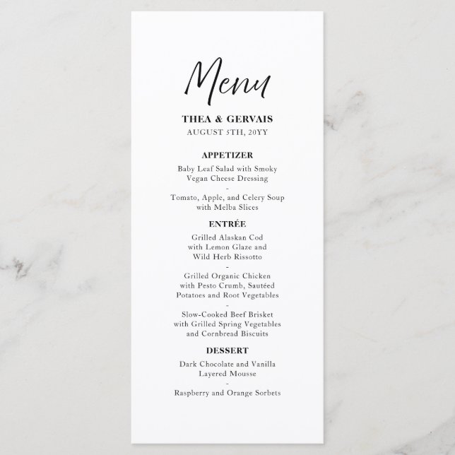 Elegant Script Calligraphy White Wedding Menu (Front)