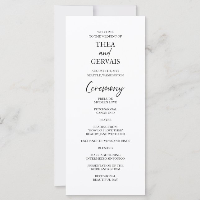 Elegant Script Calligraphy White Wedding Program (Front)